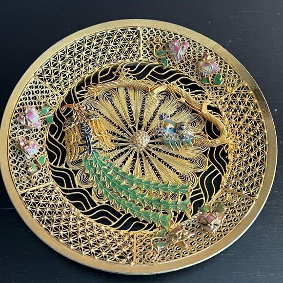 Chinese gold filigree enamel 3D dragon Phoenix decorative plate - Picture 9 of 14